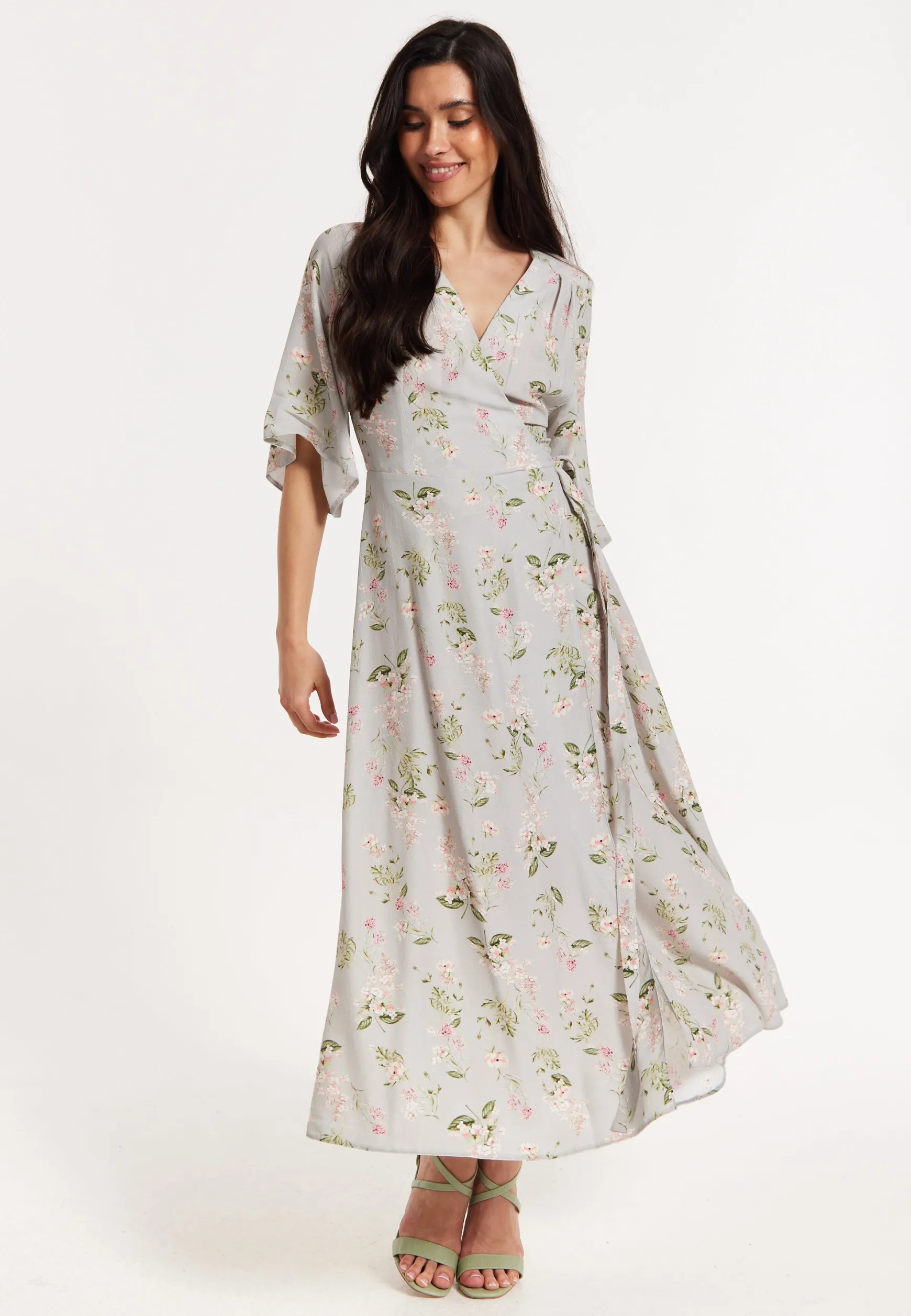 Floral Print Kimono Sleeve Wrap Maxi Dress