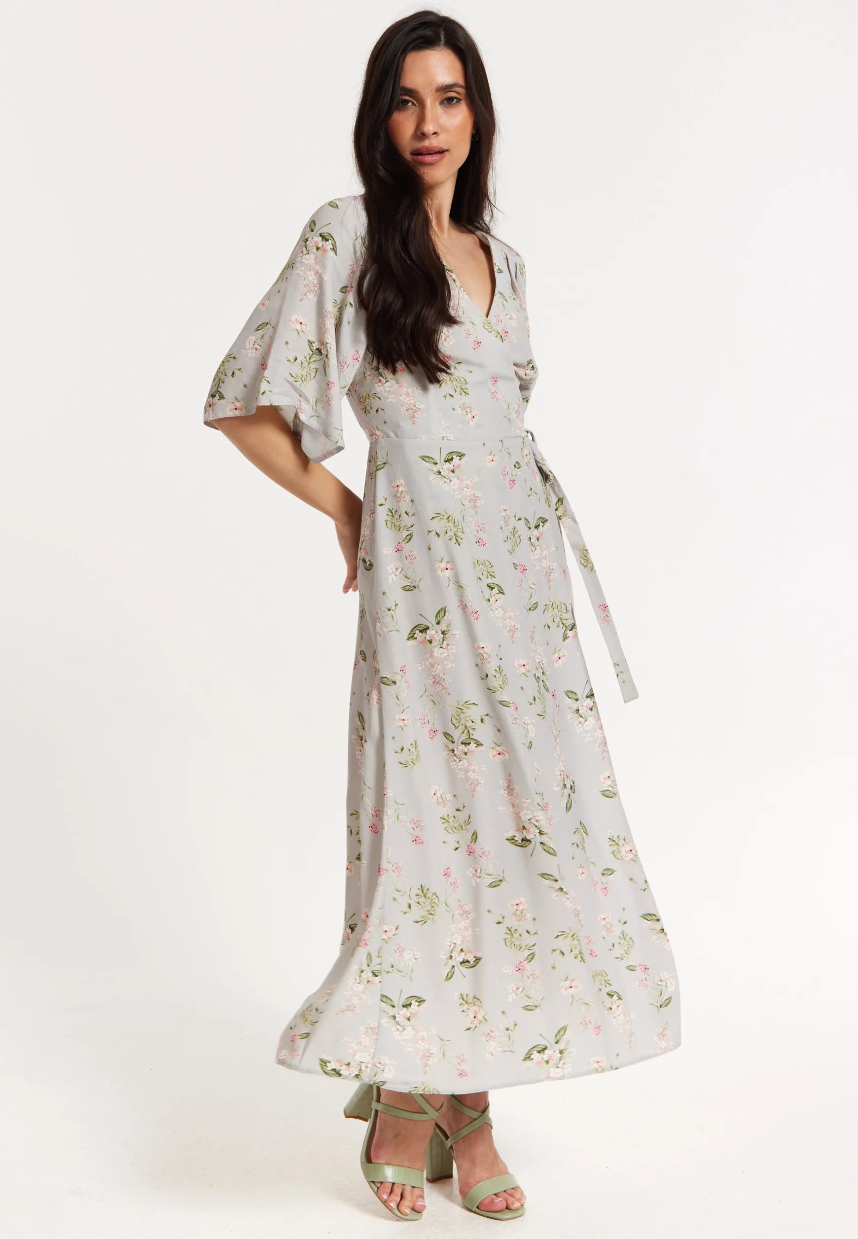 Floral Print Kimono Sleeve Wrap Maxi Dress