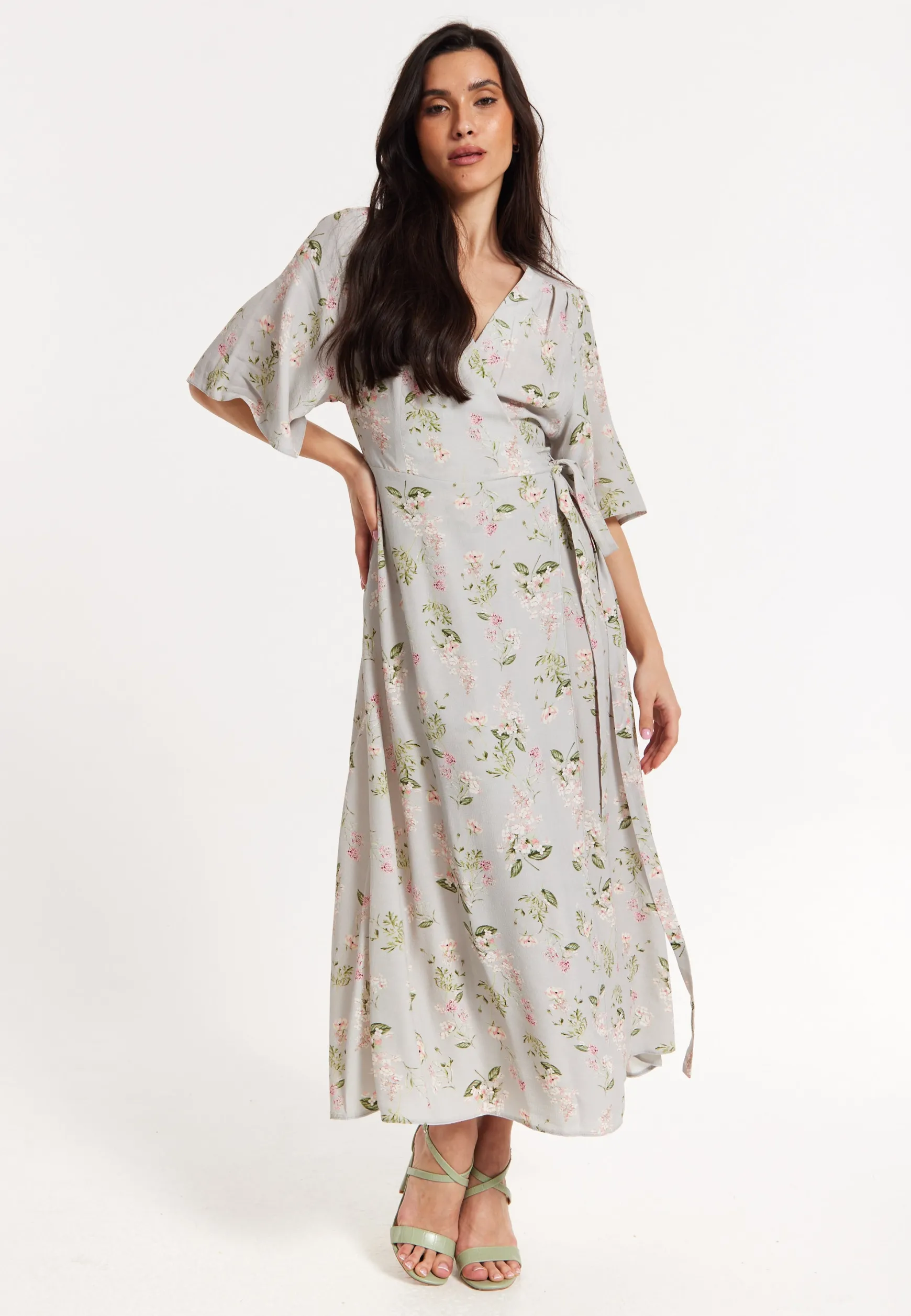 Floral Print Kimono Sleeve Wrap Maxi Dress