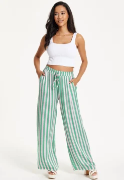 Green and White Striped Wide Leg Trousers