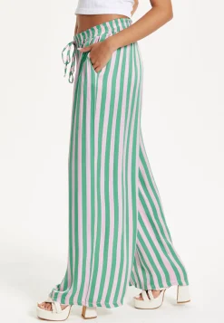 Green and White Striped Wide Leg Trousers