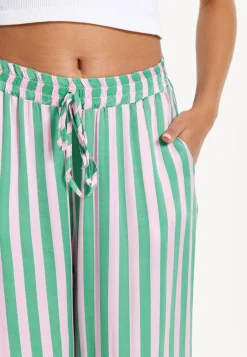 Green and White Striped Wide Leg Trousers