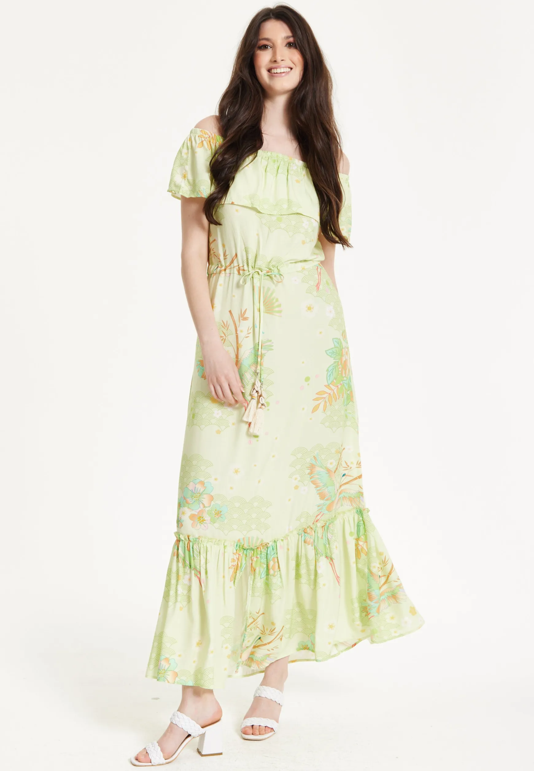 Green Floral Off Shoulder Maxi Dress