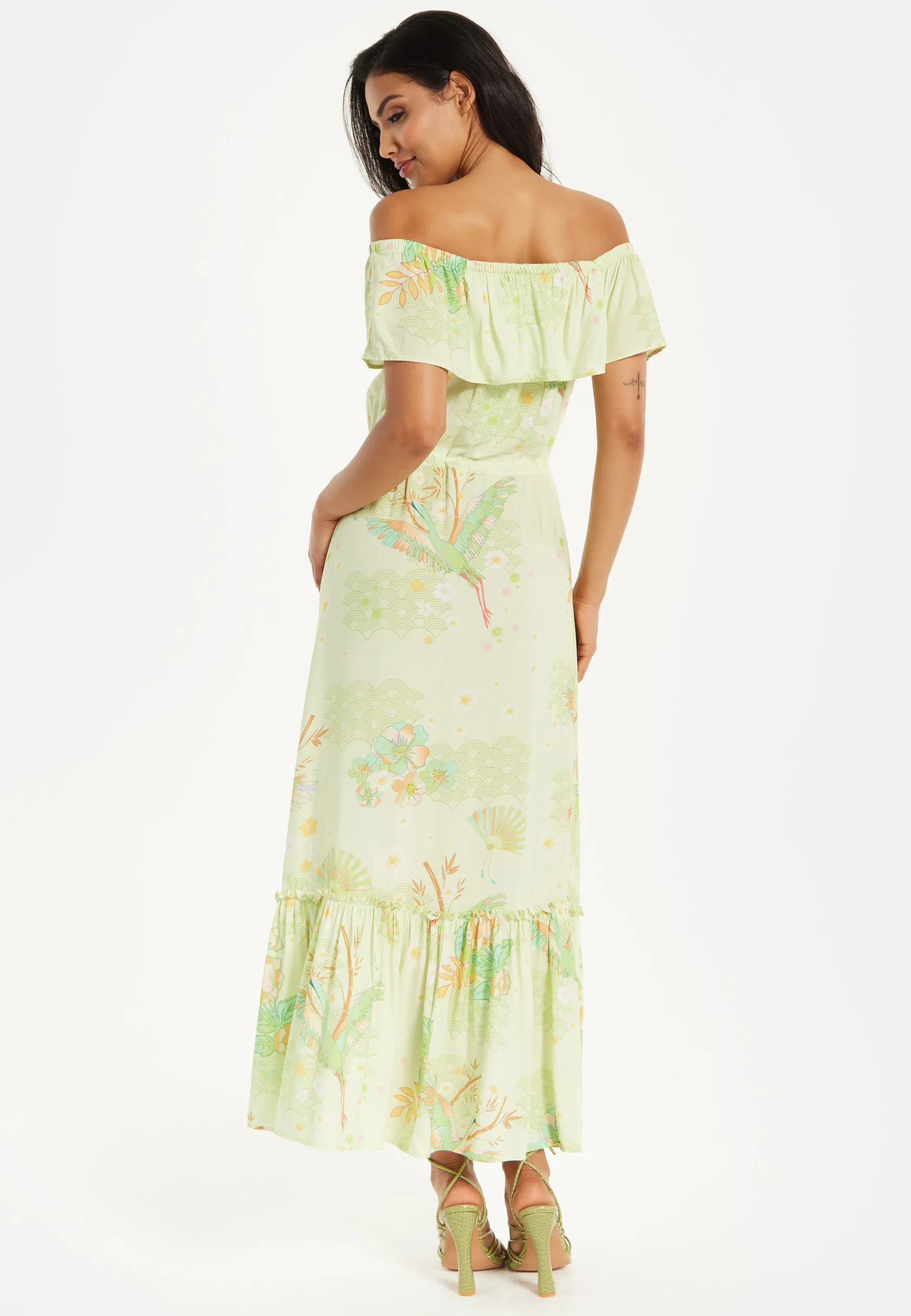 Green Floral Off Shoulder Maxi Dress