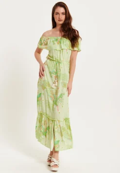 Green Floral Off Shoulder Maxi Dress