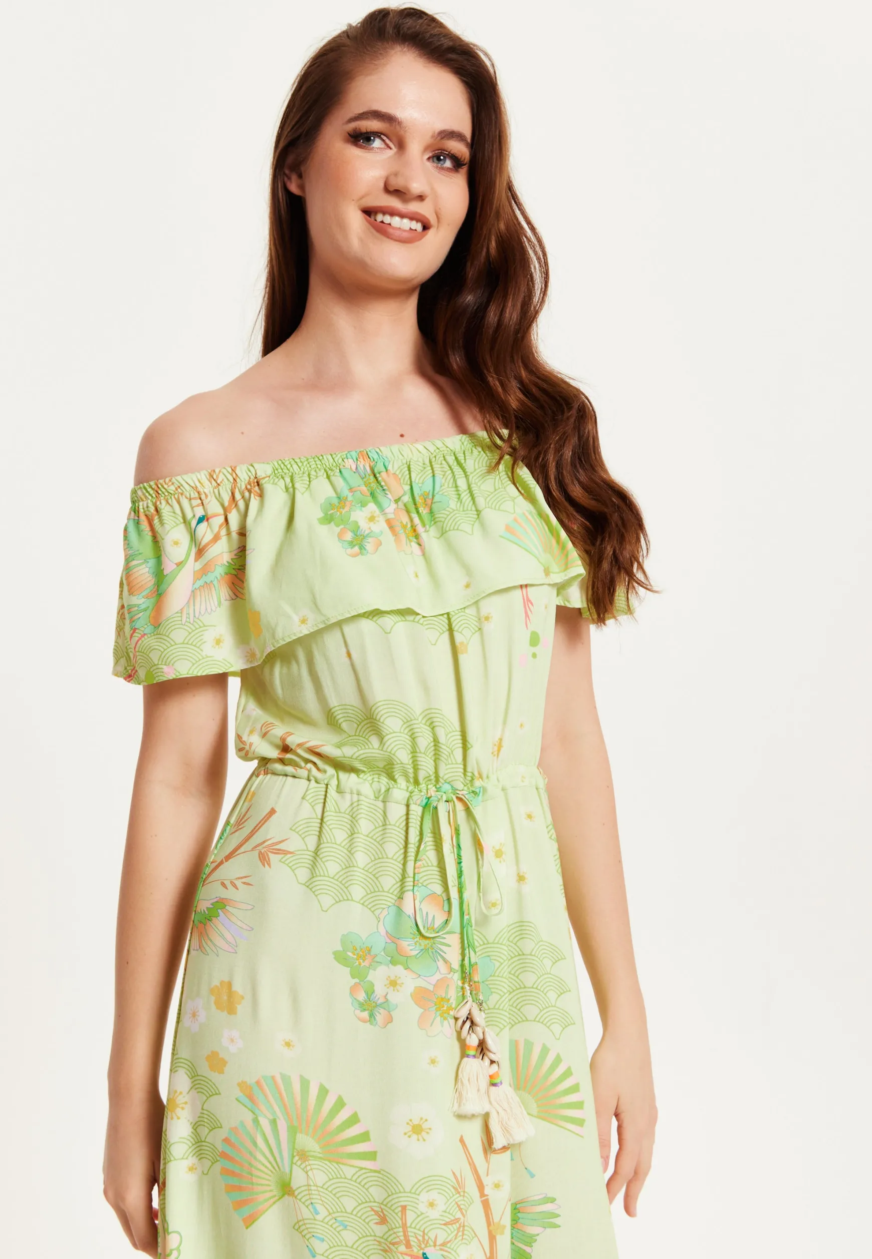 Green Floral Off Shoulder Maxi Dress
