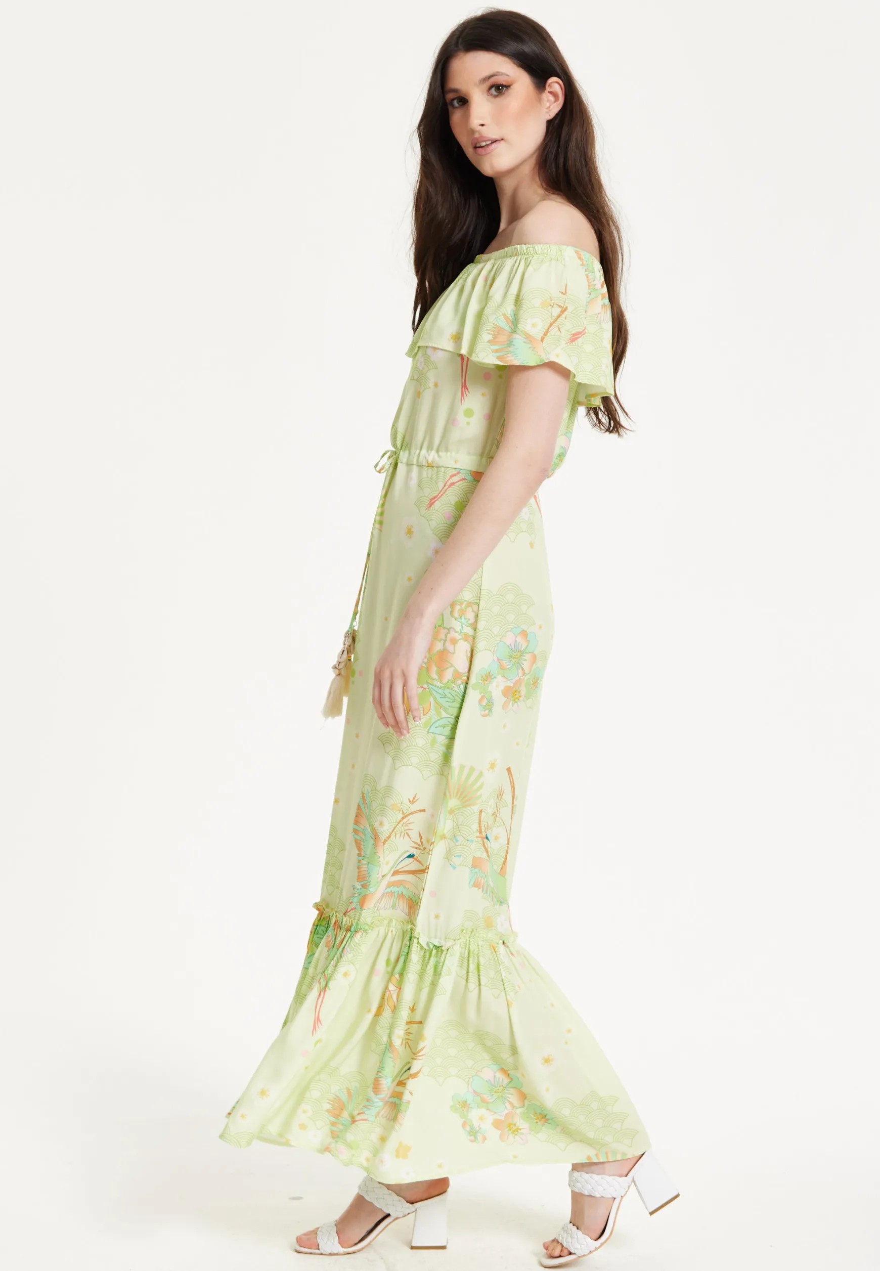 Green Floral Off Shoulder Maxi Dress