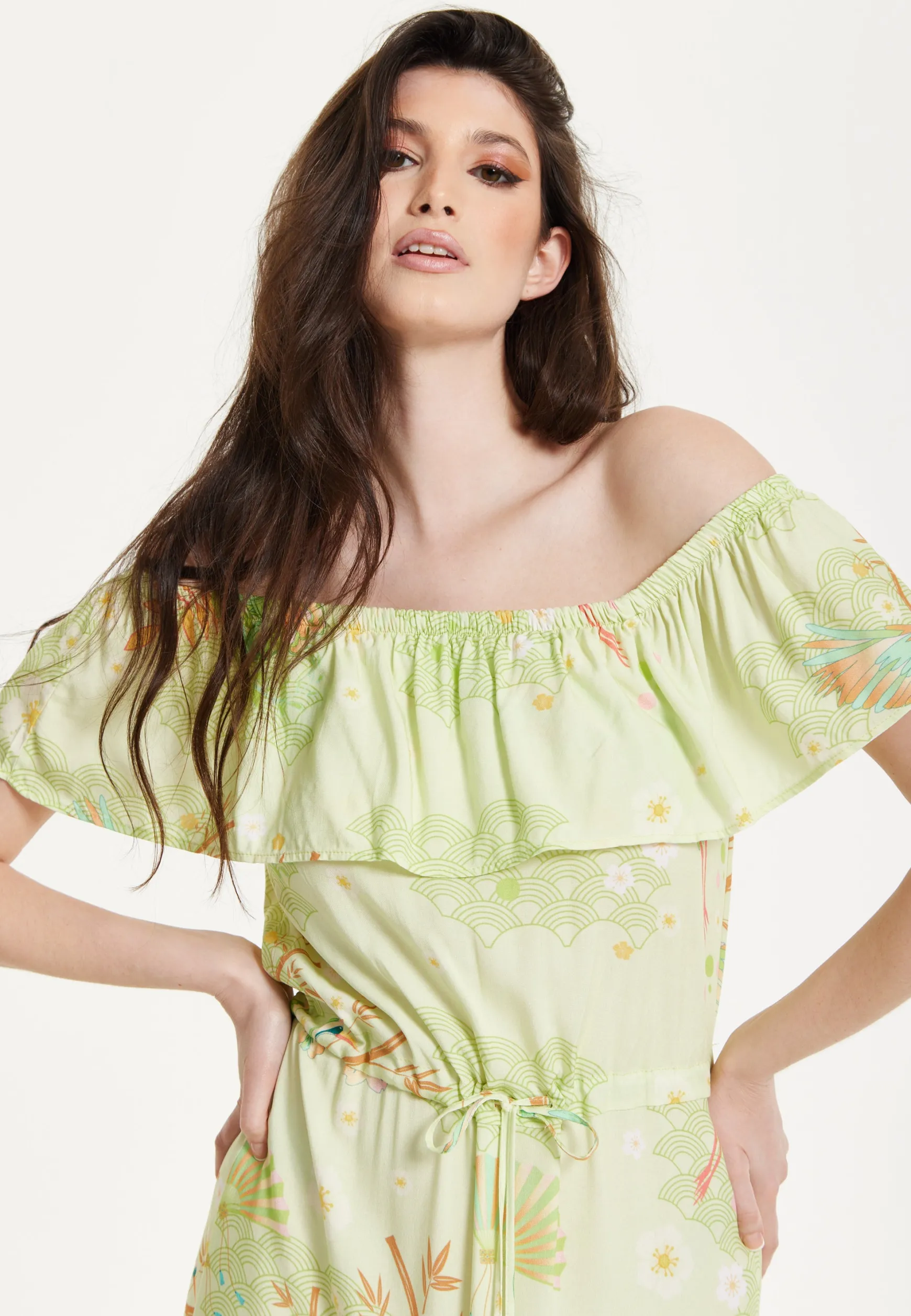 Green Floral Off Shoulder Maxi Dress