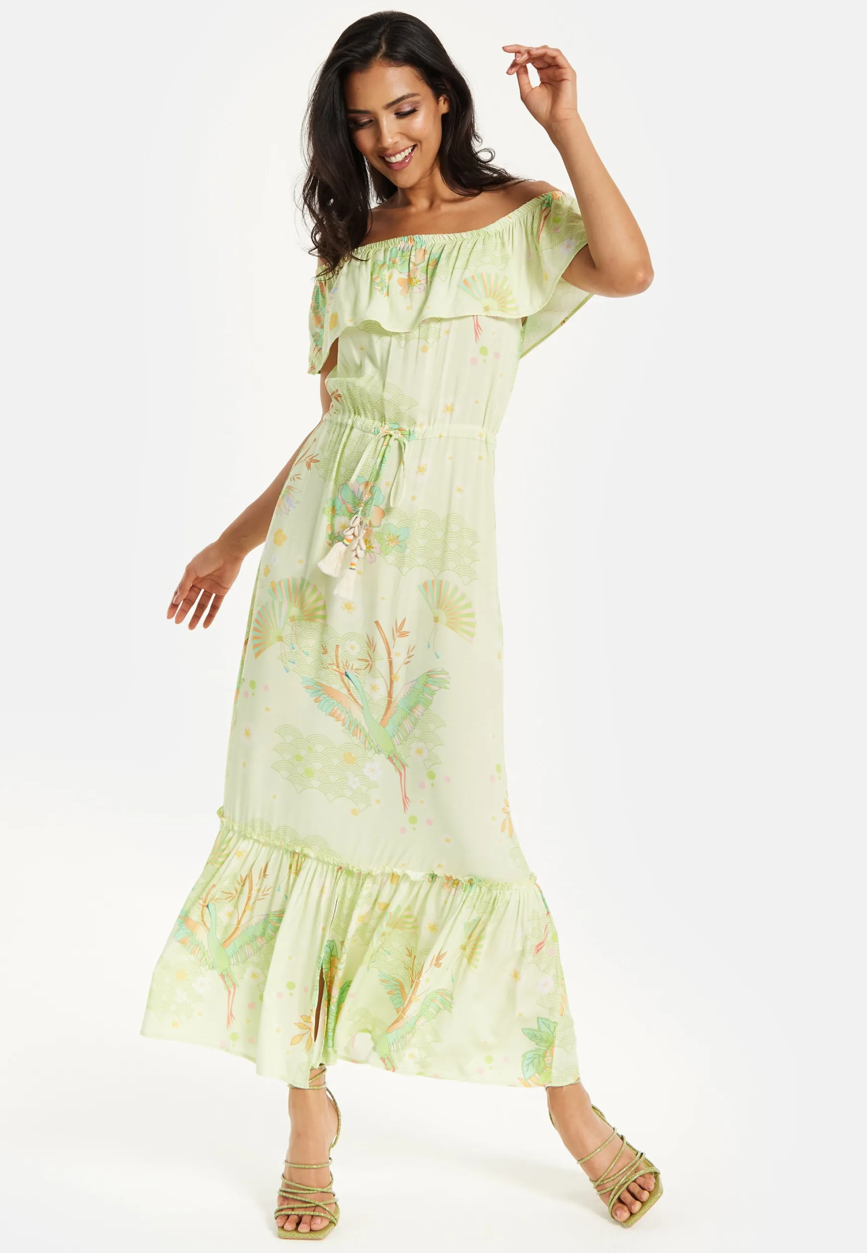 Green Floral Off Shoulder Maxi Dress