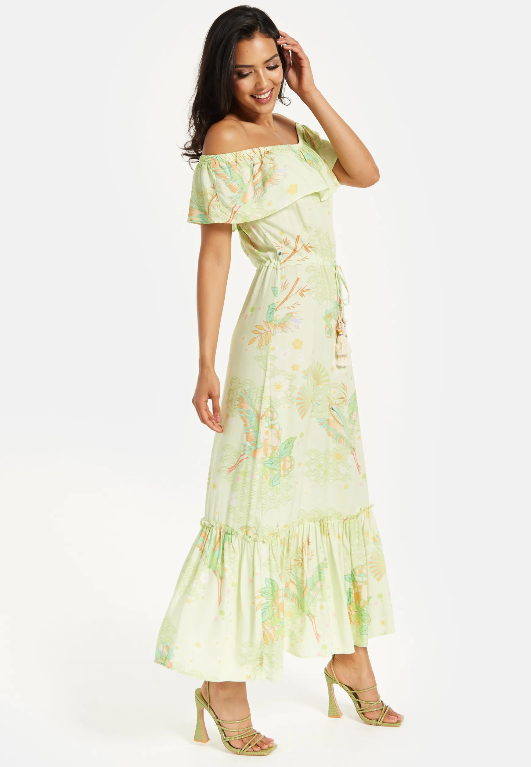 Green Floral Off Shoulder Maxi Dress