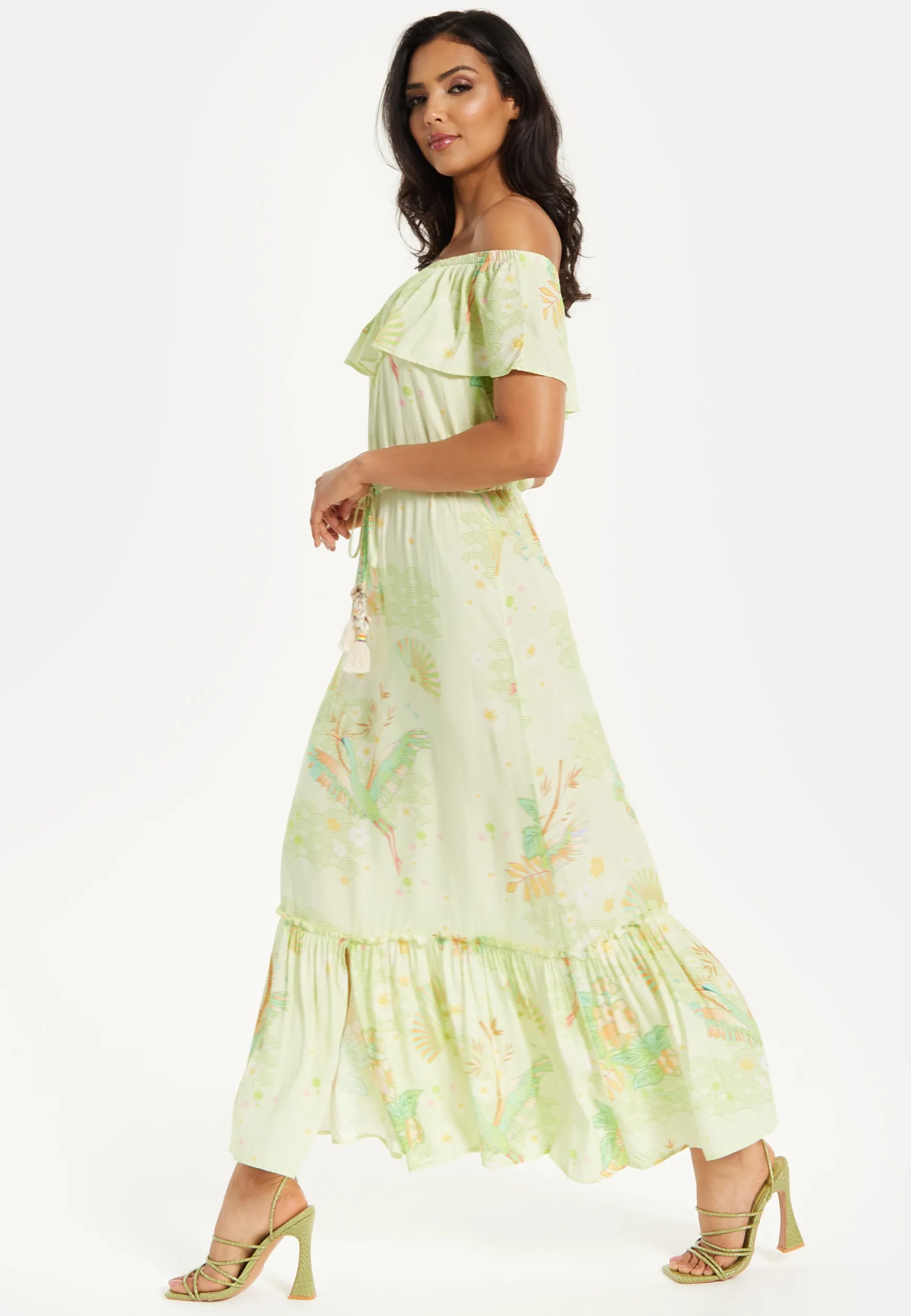 Green Floral Off Shoulder Maxi Dress