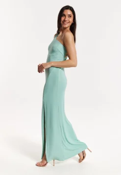 Green Lurex One Shoulder Maxi Dress