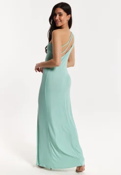 Green Lurex One Shoulder Maxi Dress