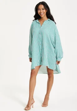 Green Striped Oversized Shirt Dress