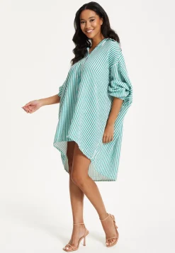Green Striped Oversized Shirt Dress