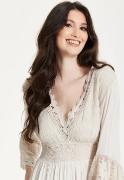Ivory Boho Maxi Dress with Lace Trim
