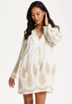 Ivory Embroidered Long Sleeve Dress