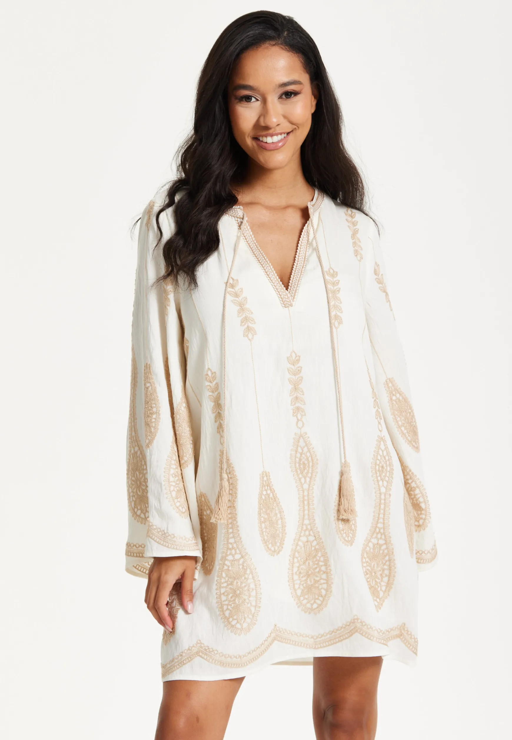 Ivory Embroidered Long Sleeve Dress