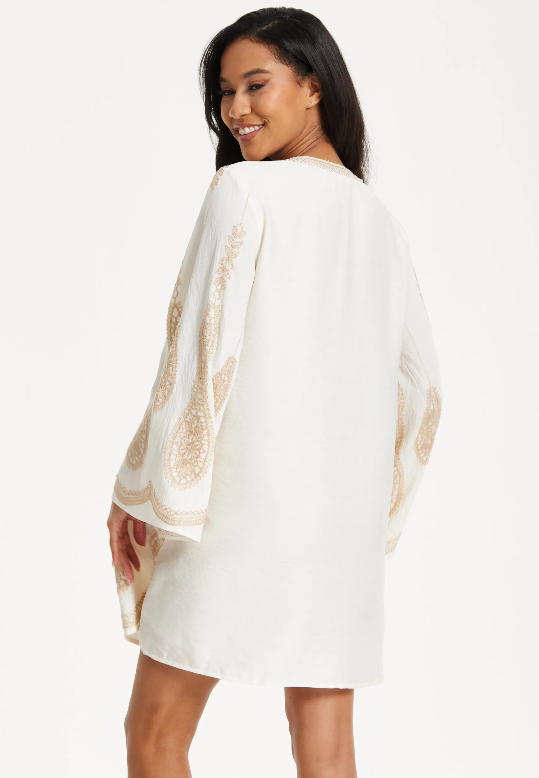 Ivory Embroidered Long Sleeve Dress