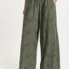 Khaki Embroidered Wide Leg Trousers