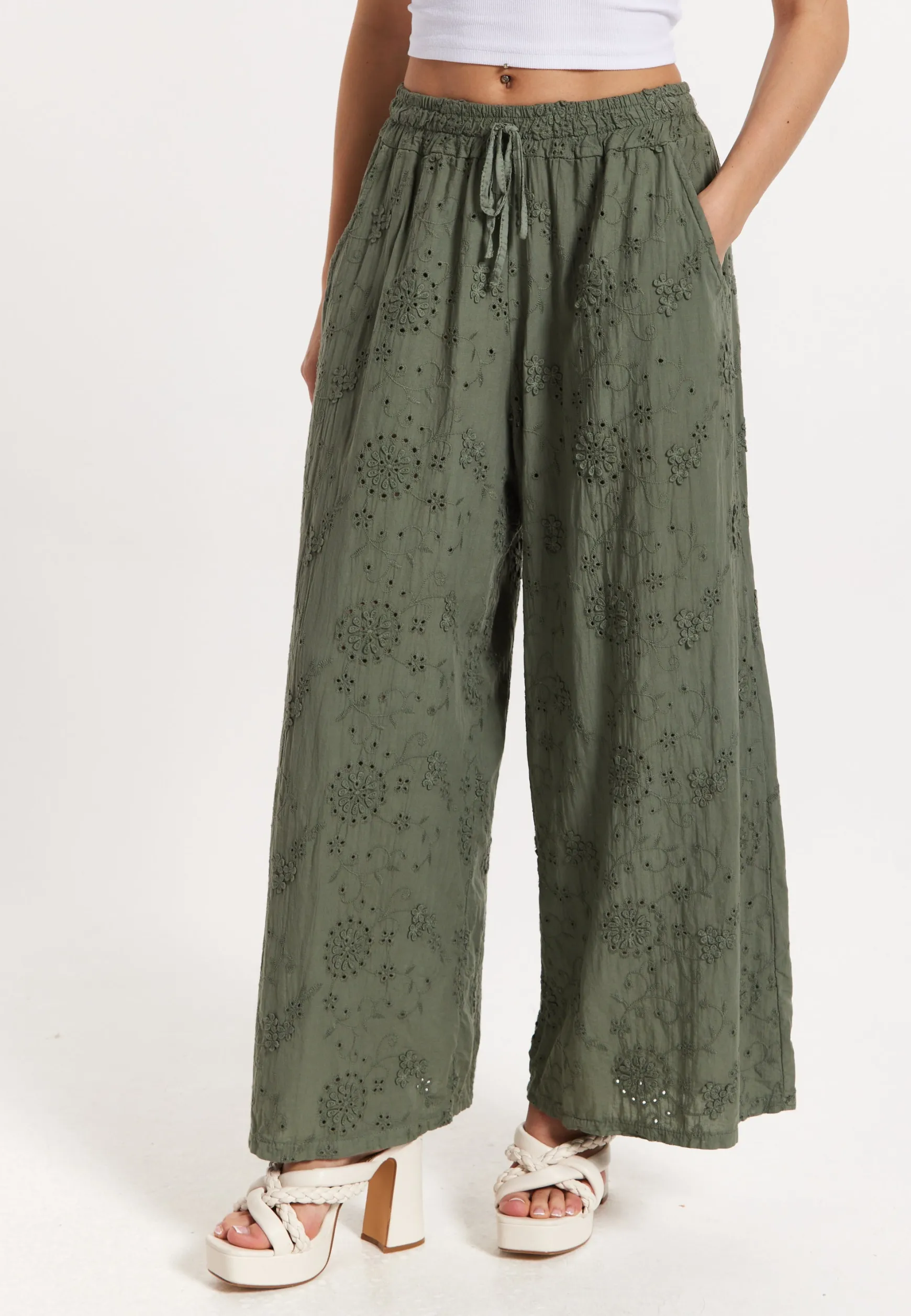Khaki Embroidered Wide Leg Trousers