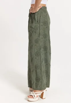 Khaki Embroidered Wide Leg Trousers