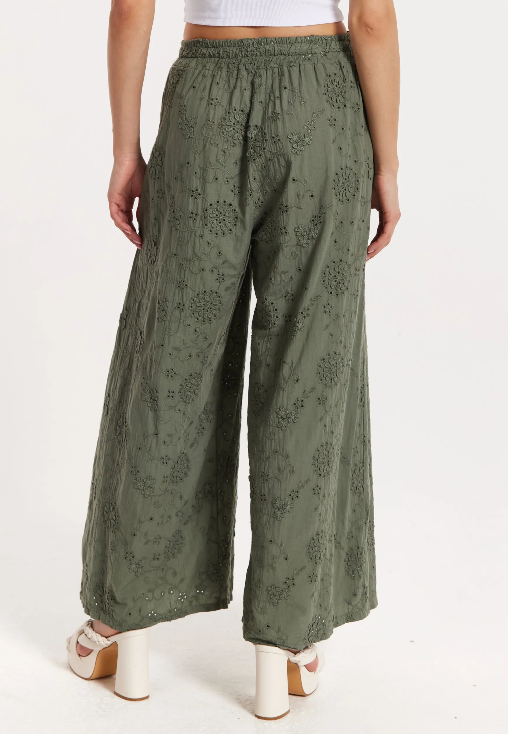 Khaki Embroidered Wide Leg Trousers