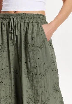 Khaki Embroidered Wide Leg Trousers