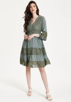 Khaki Lace Trim Casual Dress