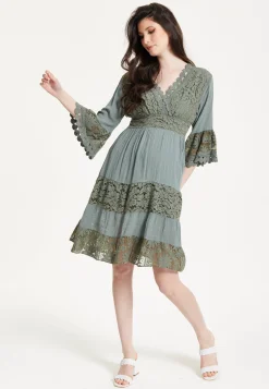 Khaki Lace Trim Casual Dress
