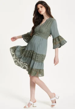 Khaki Lace Trim Casual Dress