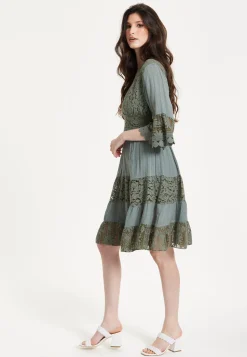 Khaki Lace Trim Casual Dress