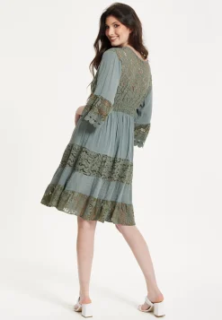Khaki Lace Trim Casual Dress
