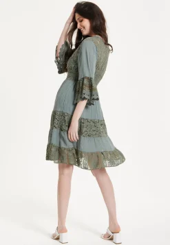 Khaki Lace Trim Casual Dress