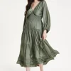 Khaki Shirred Waist Satin Maxi Dress