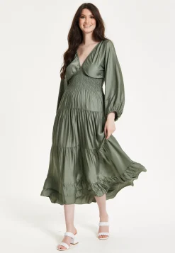 Khaki Shirred Waist Satin Maxi Dress