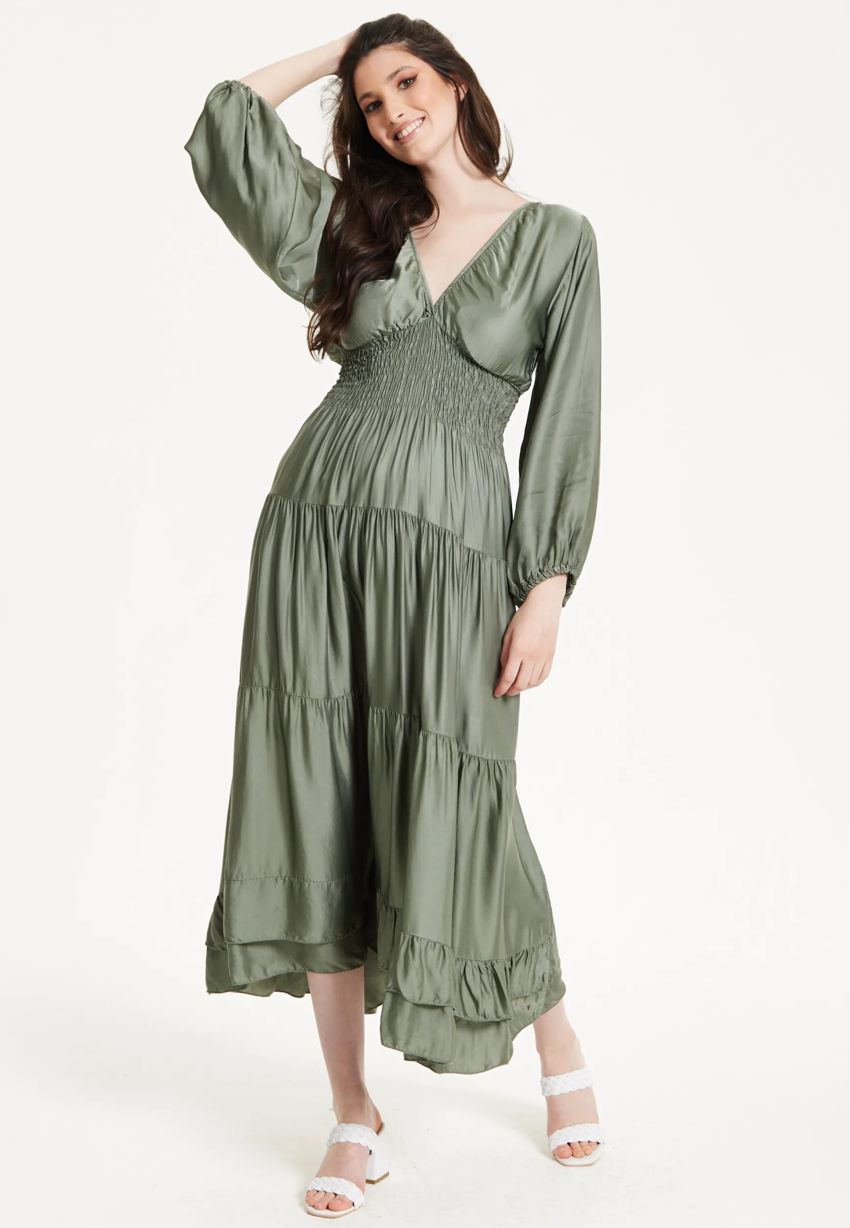 Khaki Shirred Waist Satin Maxi Dress