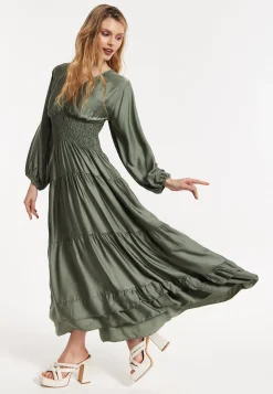 Khaki Shirred Waist Satin Maxi Dress
