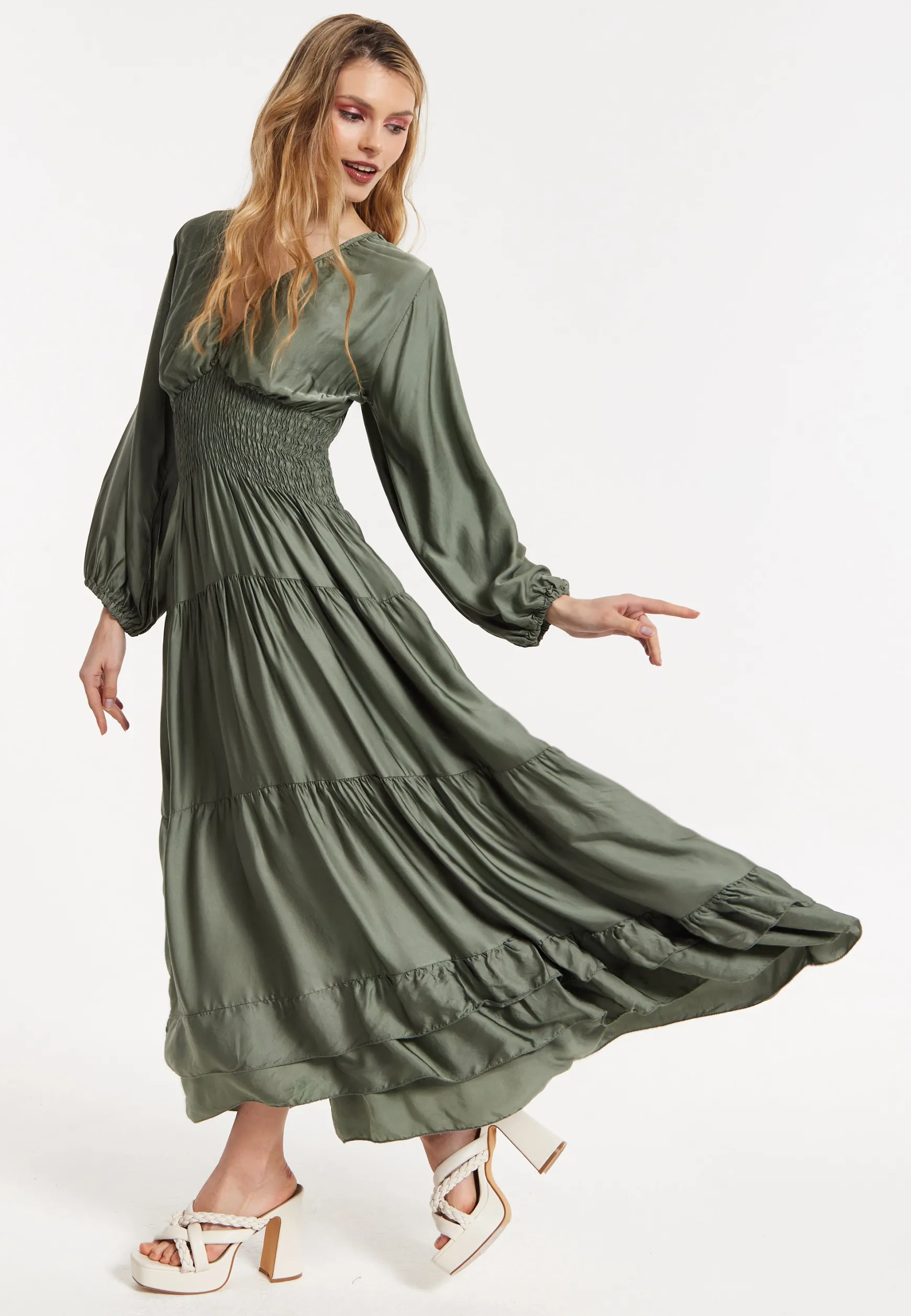 Khaki Shirred Waist Satin Maxi Dress