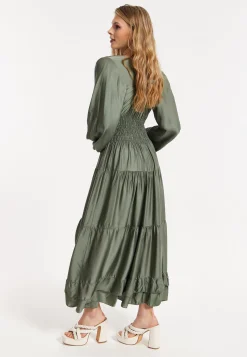 Khaki Shirred Waist Satin Maxi Dress