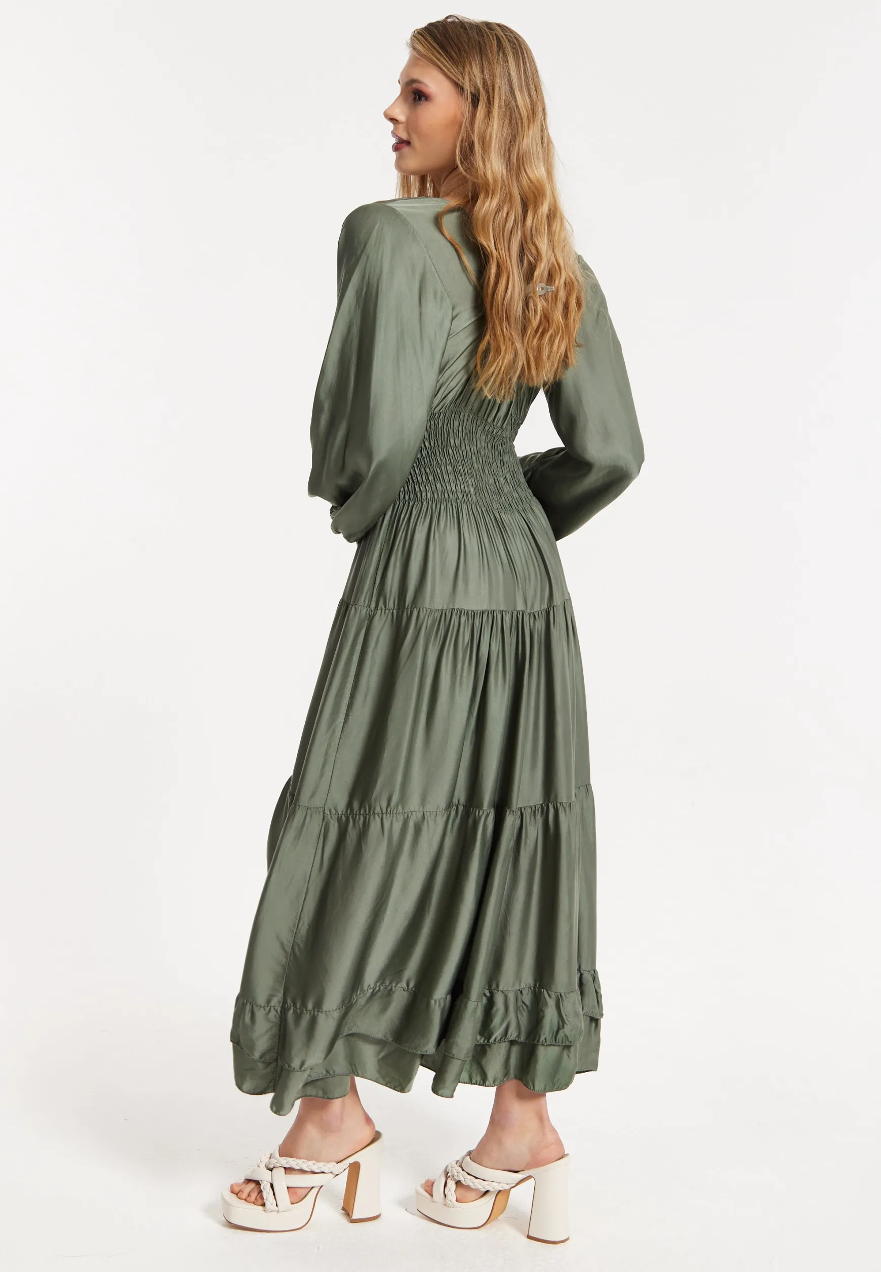 Khaki Shirred Waist Satin Maxi Dress