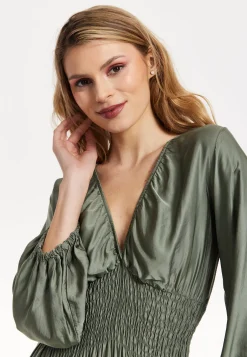 Khaki Shirred Waist Satin Maxi Dress