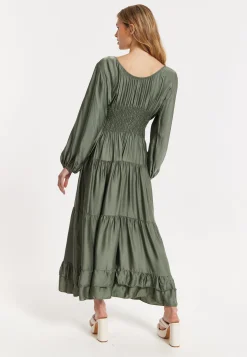 Khaki Shirred Waist Satin Maxi Dress