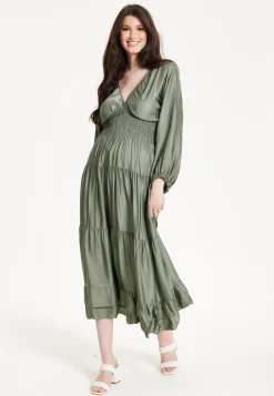 Khaki Shirred Waist Satin Maxi Dress