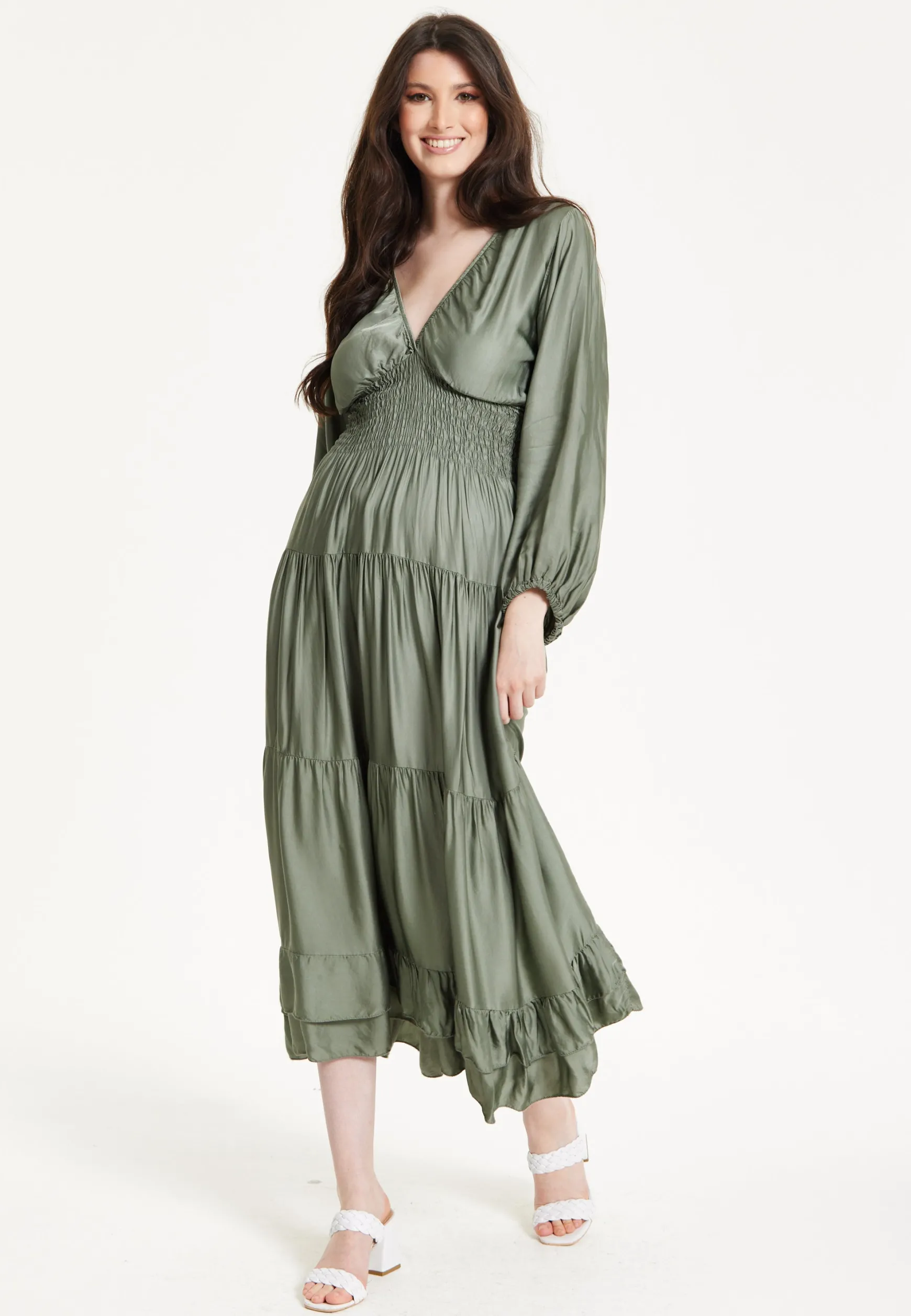 Khaki Shirred Waist Satin Maxi Dress