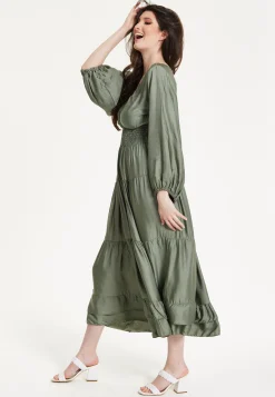 Khaki Shirred Waist Satin Maxi Dress