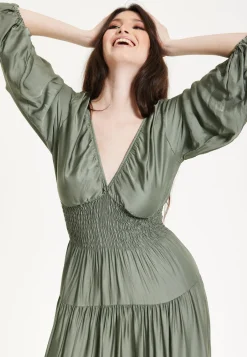 Khaki Shirred Waist Satin Maxi Dress