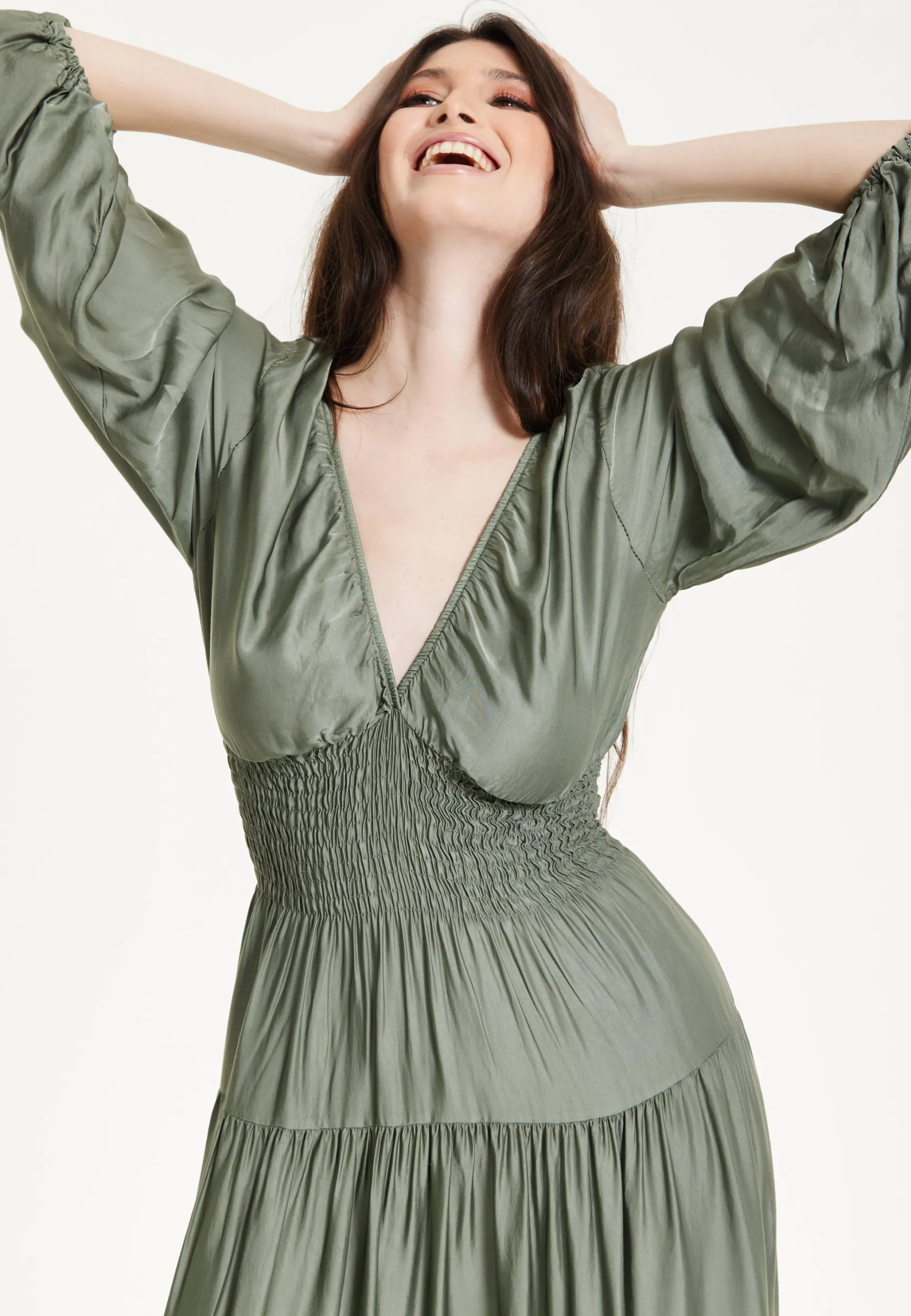 Khaki Shirred Waist Satin Maxi Dress
