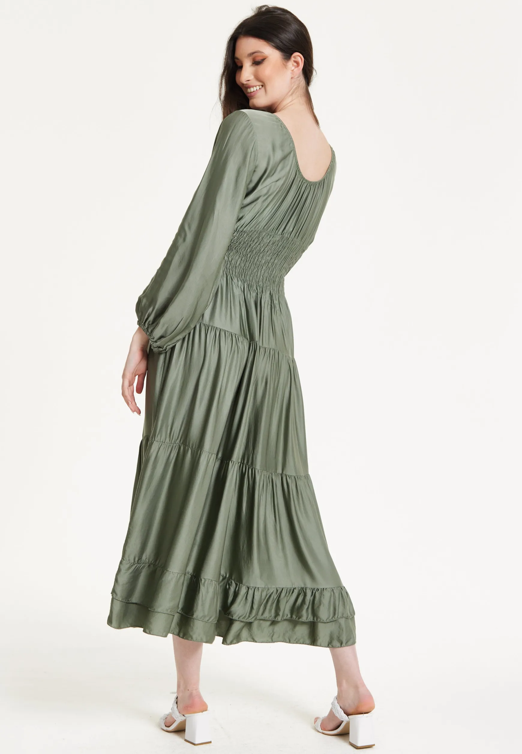 Khaki Shirred Waist Satin Maxi Dress