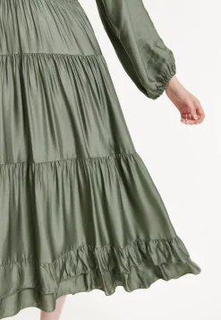 Khaki Shirred Waist Satin Maxi Dress